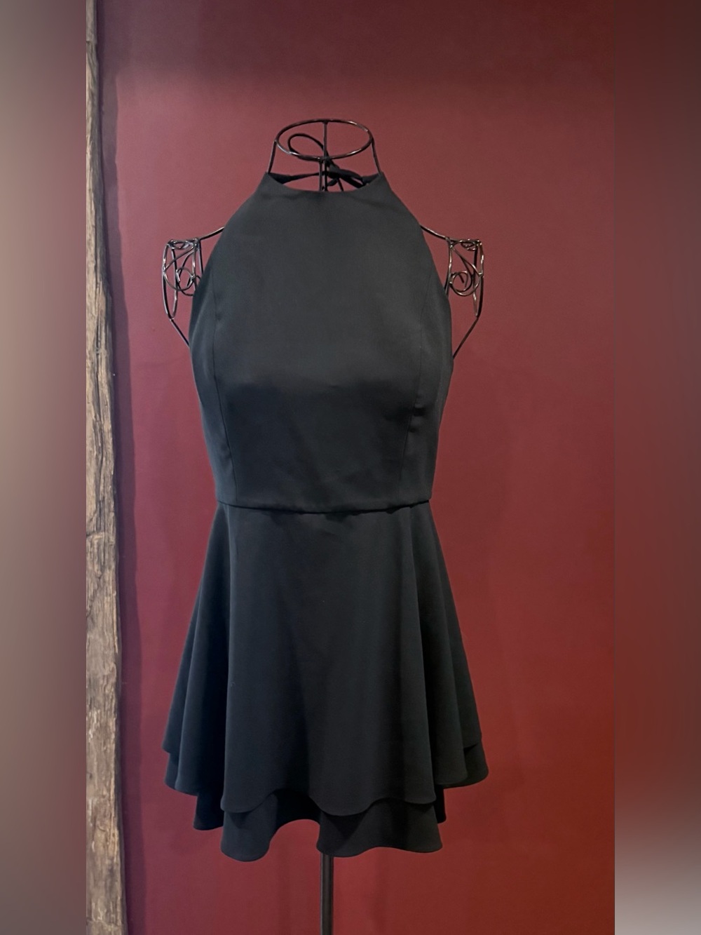 Alice + Olivia Black Halter Tiered Mini Dress with High Neck